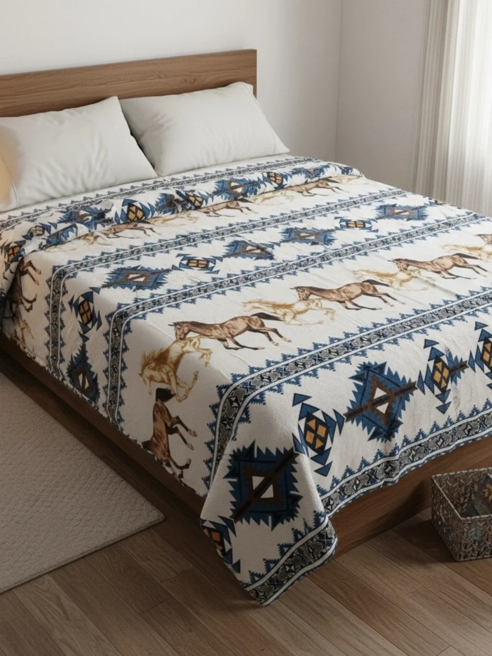 Queen Southwest tribal Aztec Horses Plush fleece Blanket - Turquoise & Brown